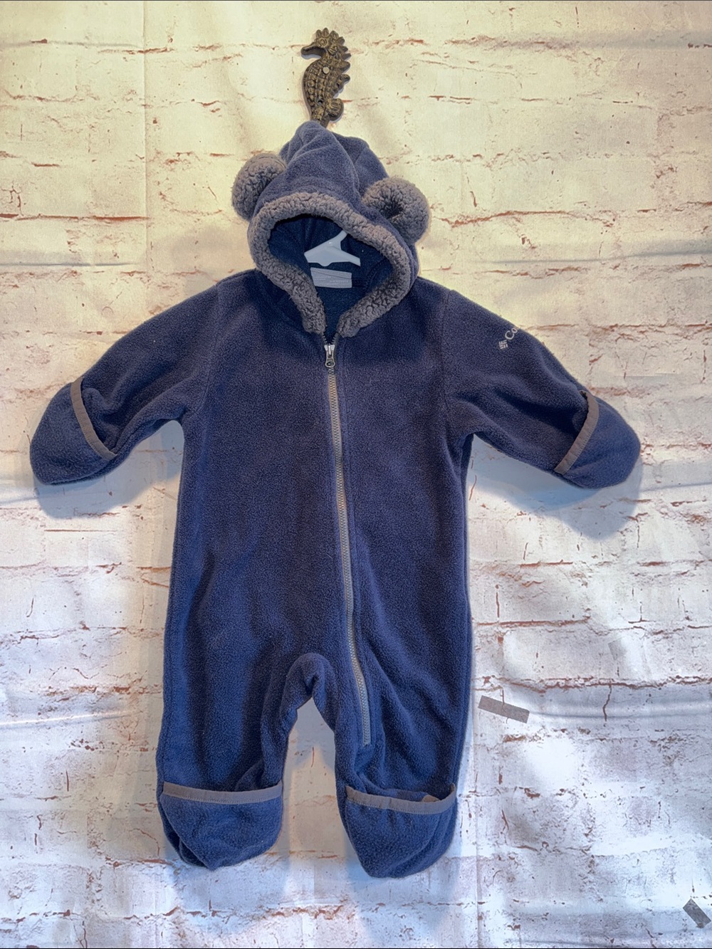 Columbia Dark Navy Fleece Hooded Baby Footie Bear Ears bunting full zip 3 6 mo